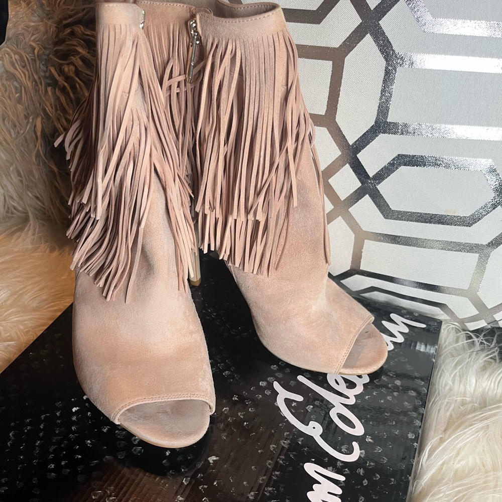 Sam Edelman Peep Toe Heel Out Suede Fringe Bootie